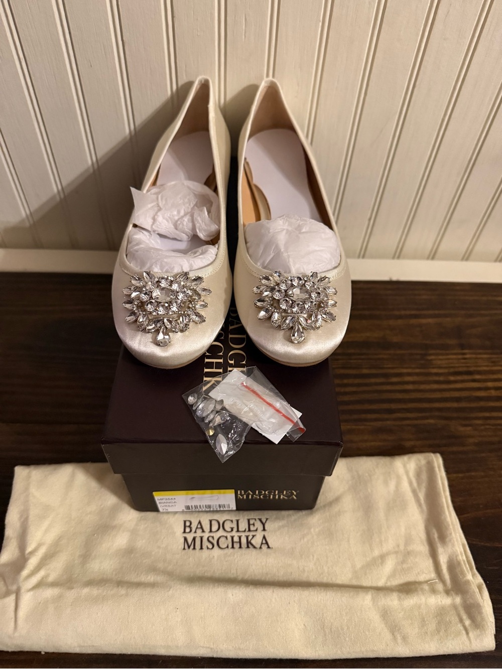 Badgley Mischka Ivory Jeweled Satin Ballet Flats